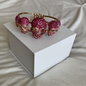 Gold Bracelet, Pink Crystal Skull Accents, new, perfect, 2.5 inches in diameter